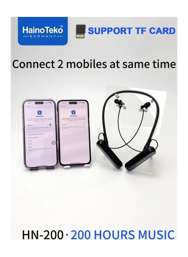 هينو تيكو سماعة أذن لاسلكية حول الرقبة من هاينو تيكو HN-200 مع تشغيل موسيقى لمدة 200 ساعة، ودعم بطاقة TF وعناصر تحكم متعددة الوظائف، وميكروفون عالي الوضوح باللون الأسود - Image 2