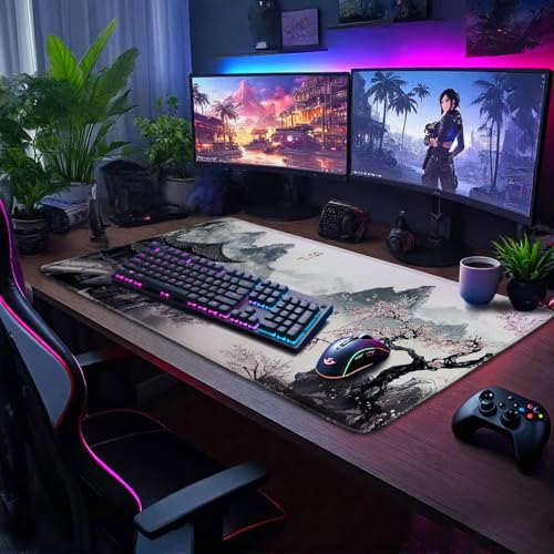 Mcapirivo Japanese Black and White Cherry Blossoms Large Gaming Mouse Pad 31.5"x15.7"｜XXL Desk Mat, Non-Slip Rubber Base & Stitched Edges - Extended Mousepad for PC/Laptop/Office/Home Decor - Image 3