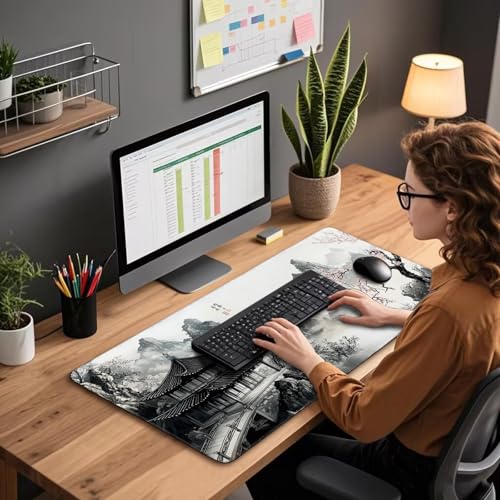 Mcapirivo Japanese Black and White Cherry Blossoms Large Gaming Mouse Pad 31.5"x15.7"｜XXL Desk Mat, Non-Slip Rubber Base & Stitched Edges - Extended Mousepad for PC/Laptop/Office/Home Decor - Image 2