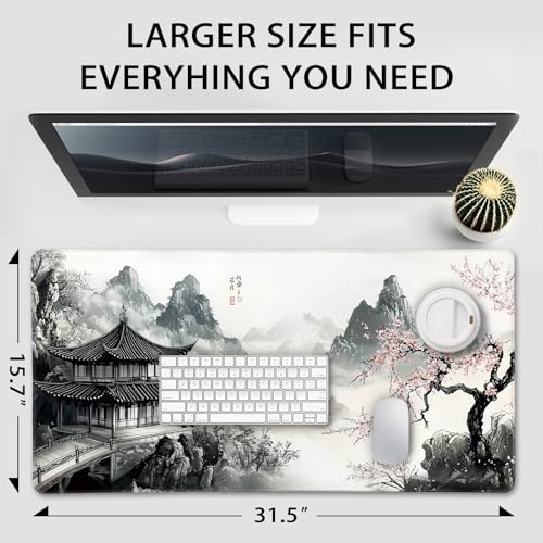 Mcapirivo Japanese Black and White Cherry Blossoms Large Gaming Mouse Pad 31.5"x15.7"｜XXL Desk Mat, Non-Slip Rubber Base & Stitched Edges - Extended Mousepad for PC/Laptop/Office/Home Decor - Image 4