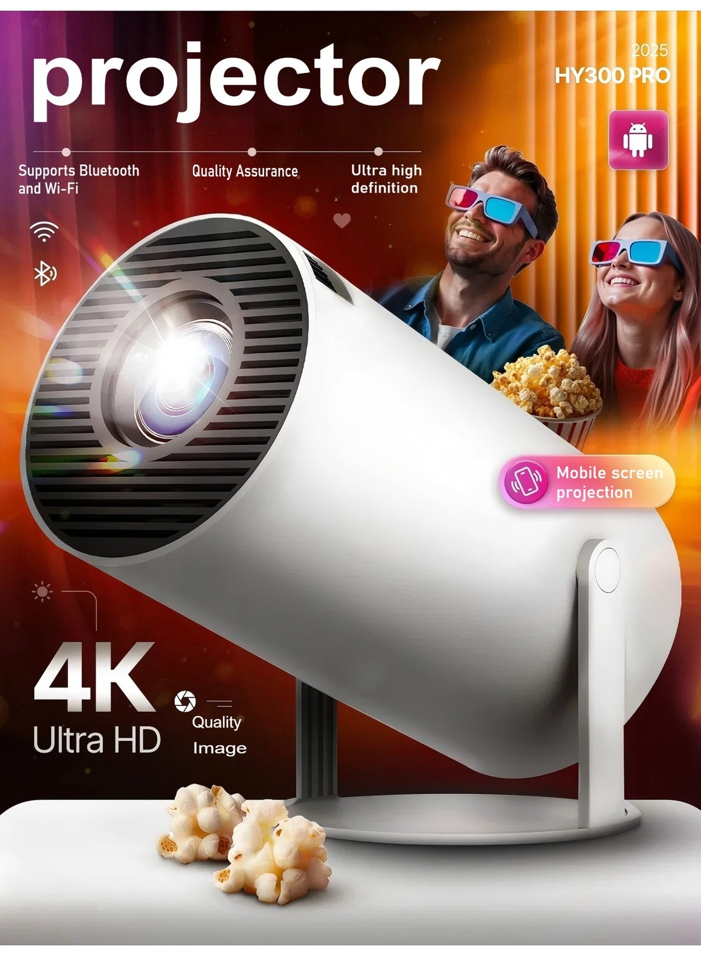 Portable Projector Pocket 5G WIFI Android11.0 Support 130 Inches Home Theater Full HD for Indoor Outdoor Home Birthday Gift Compatible with TV Stick/HDMI/USB/iOS