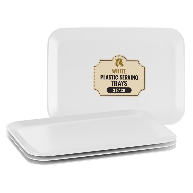 R-kay 3 Pack White Plastic Serving Trays for Party - Rectangular, 8 by 11 in, Heavy Duty Dessert Trays for Food - Image 1