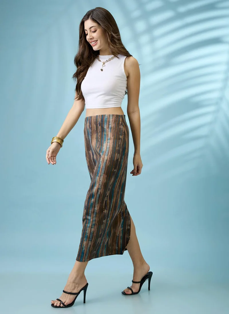 جلو باص جوبس تنورة ميدي نسائية متعددة الألوان بخصر مرتفع مطبوعة بفتحة خلفية