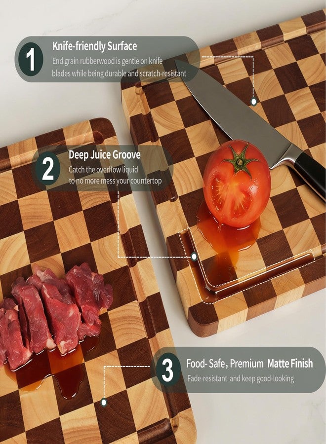 WILLKOMMEN Checkered Cutting Board Set, 3-Piece Wood Checkerboard End Grain Chopping Boards with Holder & Juice Groove Wooden Kitchen Cutting Board for Cooking and Serving (S, M, L) - Image 4