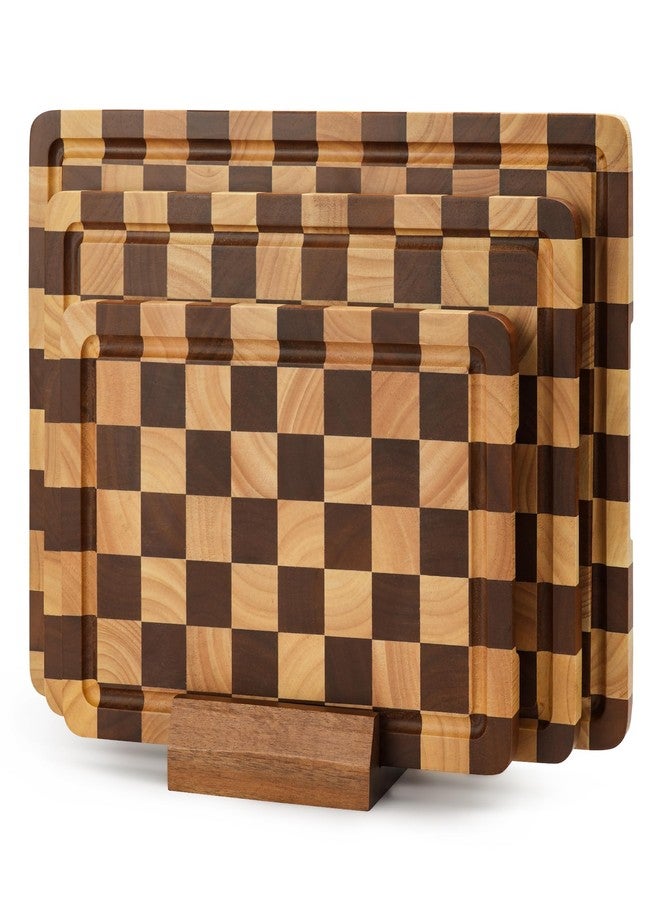 WILLKOMMEN Checkered Cutting Board Set, 3-Piece Wood Checkerboard End Grain Chopping Boards with Holder & Juice Groove Wooden Kitchen Cutting Board for Cooking and Serving (S, M, L) - Image 1