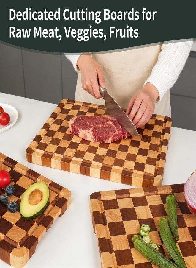 WILLKOMMEN Checkered Cutting Board Set, 3-Piece Wood Checkerboard End Grain Chopping Boards with Holder & Juice Groove Wooden Kitchen Cutting Board for Cooking and Serving (S, M, L) - Image 3
