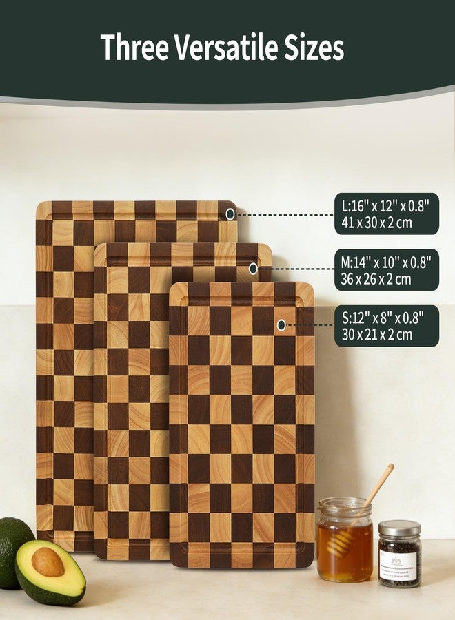 WILLKOMMEN Checkered Cutting Board Set, 3-Piece Wood Checkerboard End Grain Chopping Boards with Holder & Juice Groove Wooden Kitchen Cutting Board for Cooking and Serving (S, M, L) - Image 5