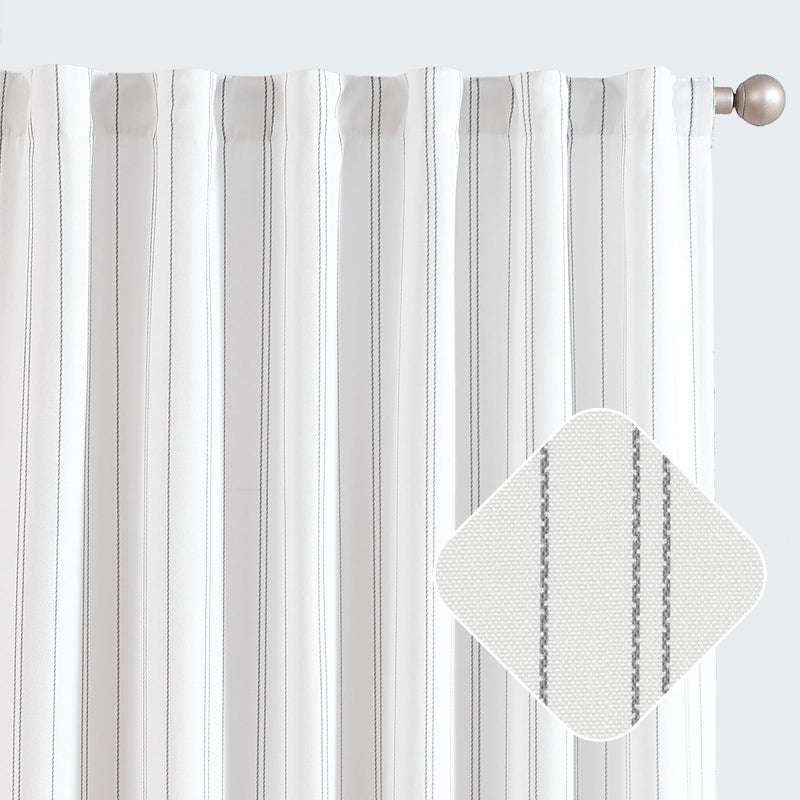 jinchan White Curtains Grey Striped Curtains 84 Inch Length for Living Room Bedroom Window Treatment Modern Linen Look Ticking Stripe Pinstripe Privacy Light Filtering Back Tab Rod Pocket 2 Panels - Image 1