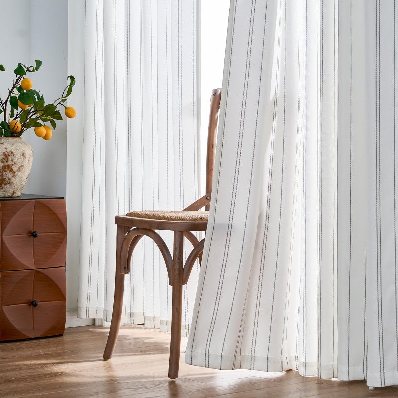 jinchan White Curtains Grey Striped Curtains 84 Inch Length for Living Room Bedroom Window Treatment Modern Linen Look Ticking Stripe Pinstripe Privacy Light Filtering Back Tab Rod Pocket 2 Panels - Image 4