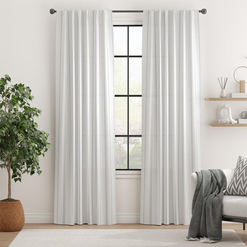 jinchan White Curtains Grey Striped Curtains 84 Inch Length for Living Room Bedroom Window Treatment Modern Linen Look Ticking Stripe Pinstripe Privacy Light Filtering Back Tab Rod Pocket 2 Panels - Image 2