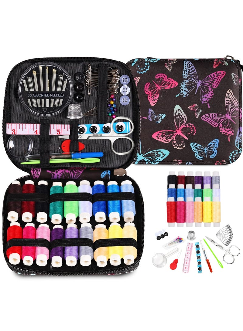 Barakah طقم خياطة إبرة وخيط، طقم إصلاح محمول للسفر مع 18 خيط ملون، حقيبة سحاب من PU على شكل فراشة، مقص، إبر، دبابيس، إصبع خياطة وأدوات للمنزل، السفر، الطوارئ، المبتدئين - Image 1