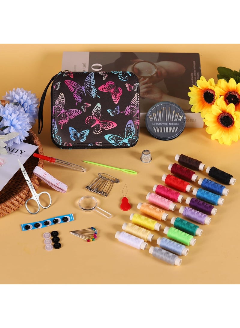 Barakah طقم خياطة إبرة وخيط، طقم إصلاح محمول للسفر مع 18 خيط ملون، حقيبة سحاب من PU على شكل فراشة، مقص، إبر، دبابيس، إصبع خياطة وأدوات للمنزل، السفر، الطوارئ، المبتدئين - Image 5