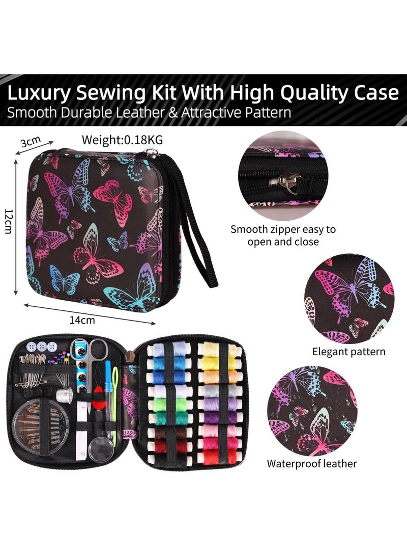 Barakah طقم خياطة إبرة وخيط، طقم إصلاح محمول للسفر مع 18 خيط ملون، حقيبة سحاب من PU على شكل فراشة، مقص، إبر، دبابيس، إصبع خياطة وأدوات للمنزل، السفر، الطوارئ، المبتدئين - Image 2