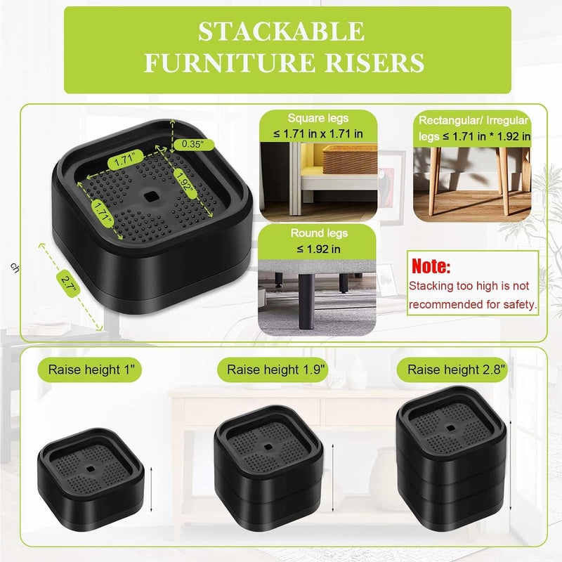 Adjustable Furniture Risers: Black 1Inch/1.9Inch/2.8Inch Heavy Duty PP Plastic With Anti-slip Rubber Bottoms - Shock Absorption Stackable Design, Robotic Vacuum Access & Extra Storage Space - For Home - Image 2