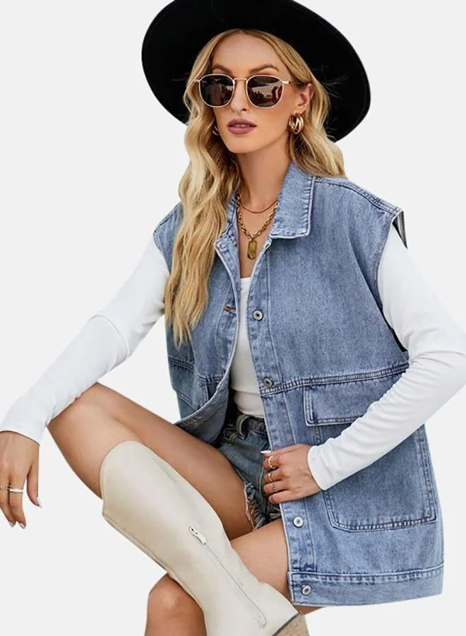 YUNIQEE Blue Collared Sleeveless Denim Jacket