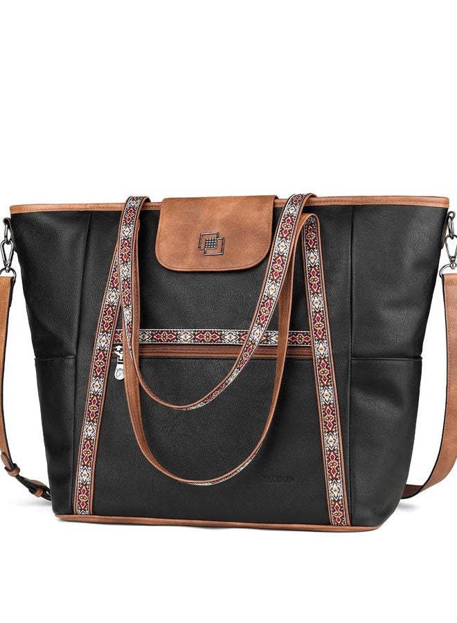 FADEON Large Laptop Tote Bag for Women Designer Leather Laptop Bag Fashion Travel Backpack Purse Shoulder Handbag, Retro Black With Brown, Large, Large Laptop Tote Bag for Women Leather Laptop - Image 1