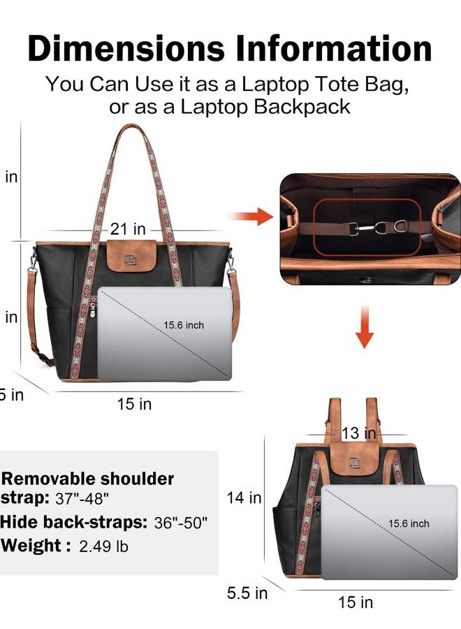 FADEON Large Laptop Tote Bag for Women Designer Leather Laptop Bag Fashion Travel Backpack Purse Shoulder Handbag, Retro Black With Brown, Large, Large Laptop Tote Bag for Women Leather Laptop - Image 3
