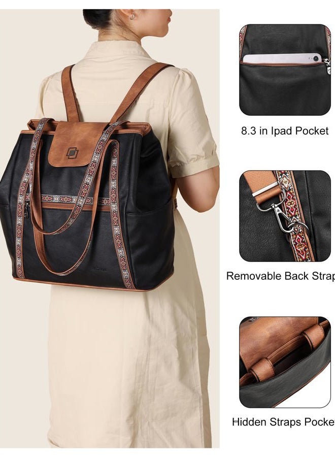 FADEON Large Laptop Tote Bag for Women Designer Leather Laptop Bag Fashion Travel Backpack Purse Shoulder Handbag, Retro Black With Brown, Large, Large Laptop Tote Bag for Women Leather Laptop - Image 5