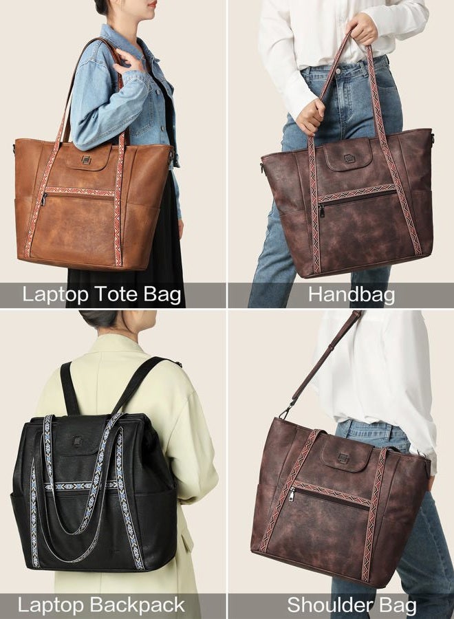 FADEON Large Laptop Tote Bag for Women Designer Leather Laptop Bag Fashion Travel Backpack Purse Shoulder Handbag, Retro Black With Brown, Large, Large Laptop Tote Bag for Women Leather Laptop - Image 2