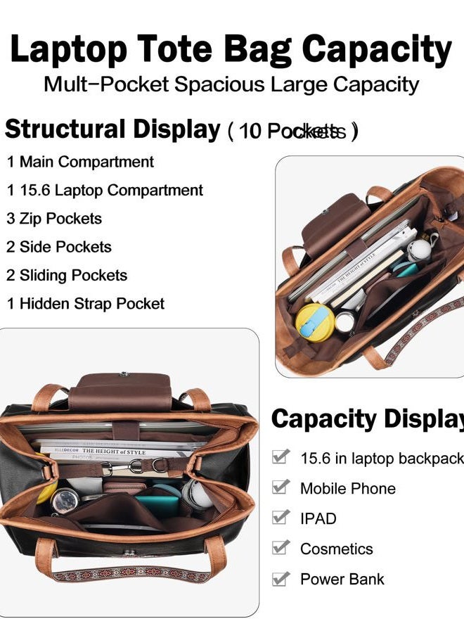 FADEON Large Laptop Tote Bag for Women Designer Leather Laptop Bag Fashion Travel Backpack Purse Shoulder Handbag, Retro Black With Brown, Large, Large Laptop Tote Bag for Women Leather Laptop - Image 4