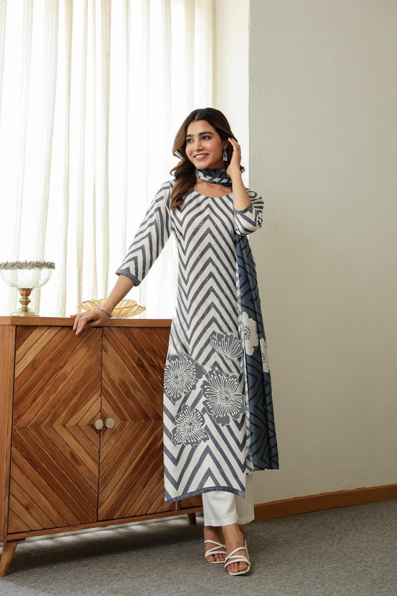 ANNI DESIGNER Women's Rayon Viscose Printed Straight Kurta with Pant & Dupatta (Anaisha White_XL_White_X-Large) - Image 4