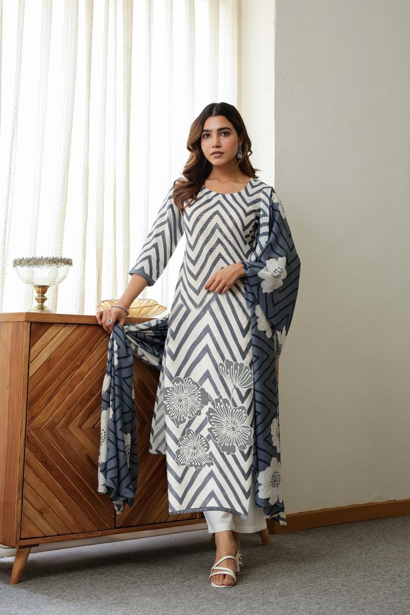 ANNI DESIGNER Women's Rayon Viscose Printed Straight Kurta with Pant & Dupatta (Anaisha White_XL_White_X-Large) - Image 3