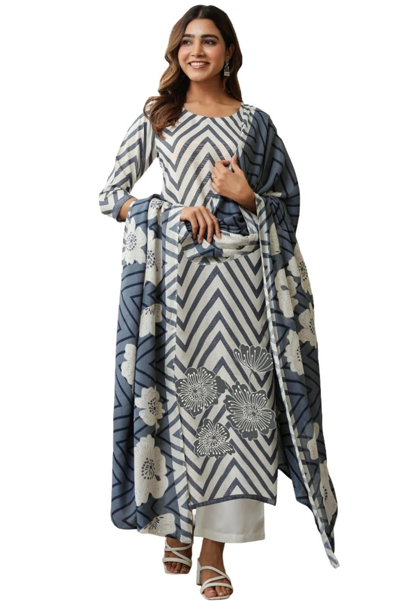 ANNI DESIGNER Women's Rayon Viscose Printed Straight Kurta with Pant & Dupatta (Anaisha White_XL_White_X-Large) - Image 1