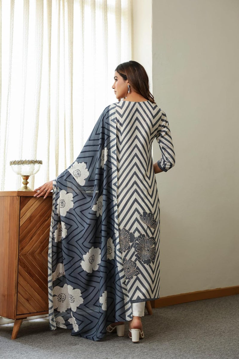 ANNI DESIGNER Women's Rayon Viscose Printed Straight Kurta with Pant & Dupatta (Anaisha White_XL_White_X-Large) - Image 2