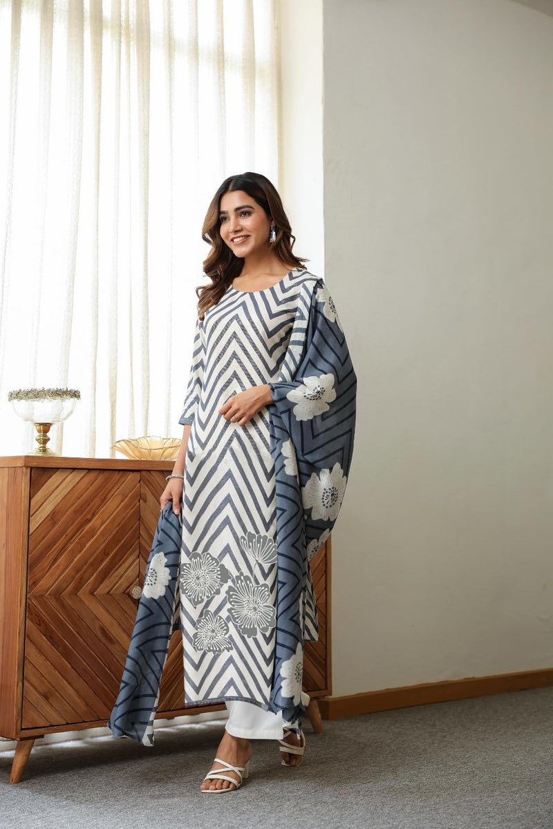 ANNI DESIGNER Women's Rayon Viscose Printed Straight Kurta with Pant & Dupatta (Anaisha White_XL_White_X-Large) - Image 5