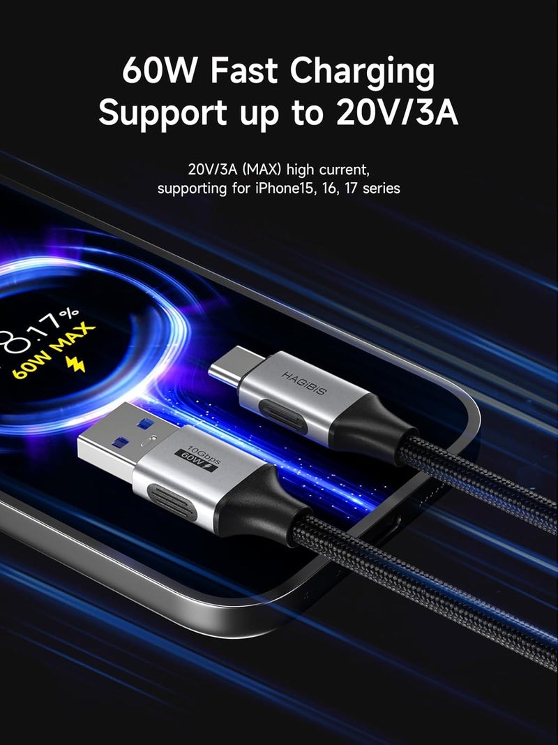هاجيبس كابل USB A إلى USB C، نقل بيانات بسرعة 10 جيجابت في الثانية، شحن سريع بقدرة 60 واط 20 فولت/3 أمبير، كابل USB 3.2 GEN2 من النوع C، كابل CarPlay متوافق مع iPhone 17 16 Pro Max، Galaxy S25 Ultra S25+، MacBook Pro، iPad (150 سم) - Image 2