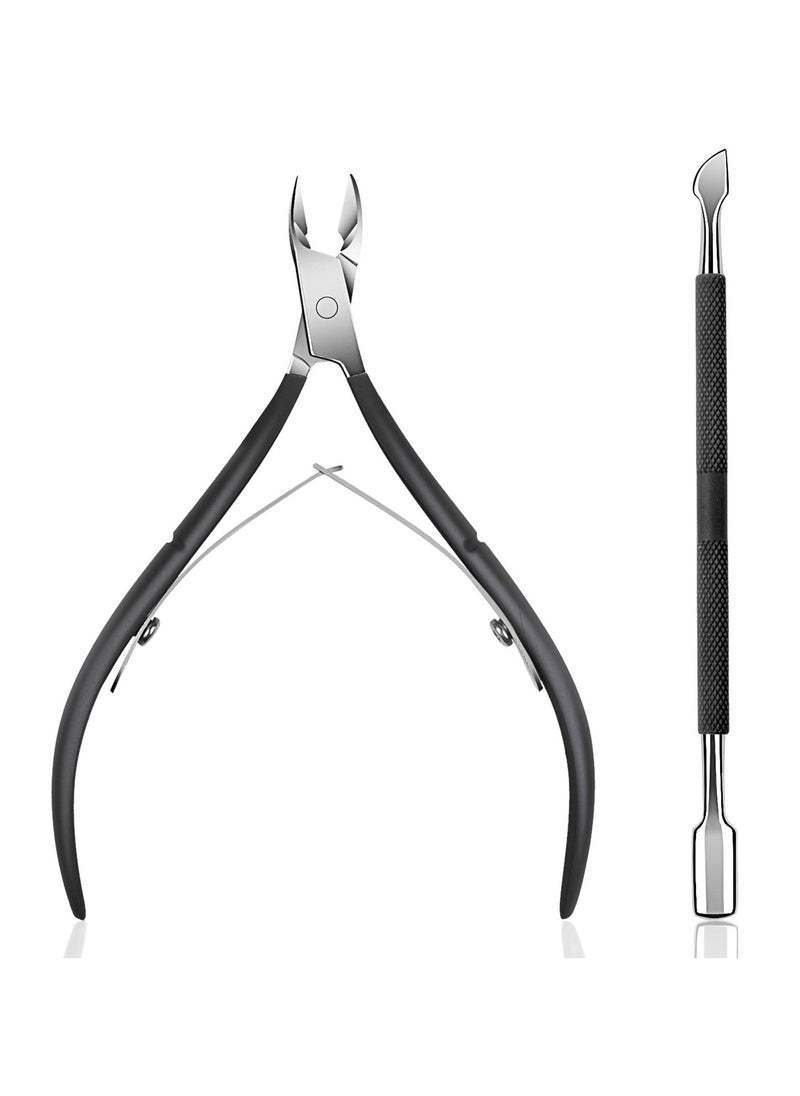 KHAJUL 2 PCS Cuticle Trimmer with Cuticle Pusher, Cuticle Remover, Cuticle Nipper, Professional Stainless Steel Cuticle Cutter Clipper, Durable Pedicure Manicure Tools for Fingernails and Toenails (Black)  - Image 1