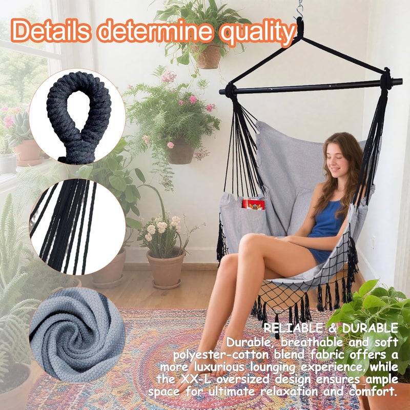 PIRNY Hammock Chair Hanging Rope Swing Chair,Max 500 Lbs, Large Hanging Chair with Pocket, 2 Cushions, Removable Steel Bar, Hardware Kit Included, Superior Comfort for Indoor Outdoor (Light Grey) - Image 5