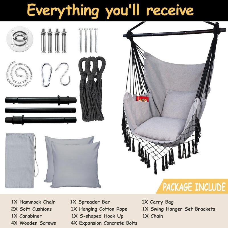 PIRNY Hammock Chair Hanging Rope Swing Chair,Max 500 Lbs, Large Hanging Chair with Pocket, 2 Cushions, Removable Steel Bar, Hardware Kit Included, Superior Comfort for Indoor Outdoor (Light Grey) - Image 3