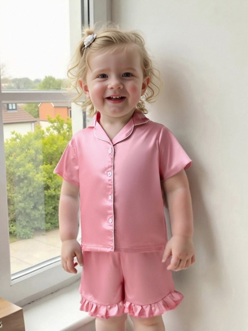 Toddler Baby Girl Summer Pajamas Set Button Down Lapel V Neck Short Sleeve Tops& Ruffled Shorts Solid Lounge Wear 2 Pcs Set - Image 3