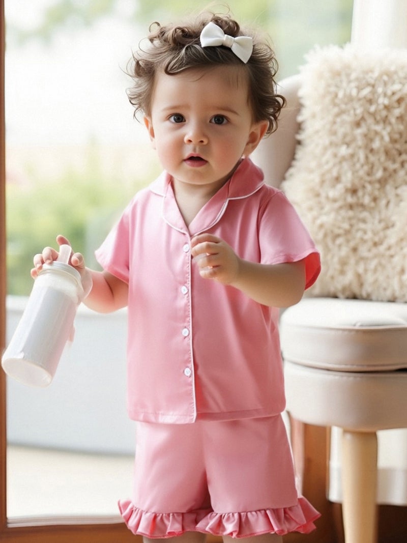 Toddler Baby Girl Summer Pajamas Set Button Down Lapel V Neck Short Sleeve Tops& Ruffled Shorts Solid Lounge Wear 2 Pcs Set - Image 5