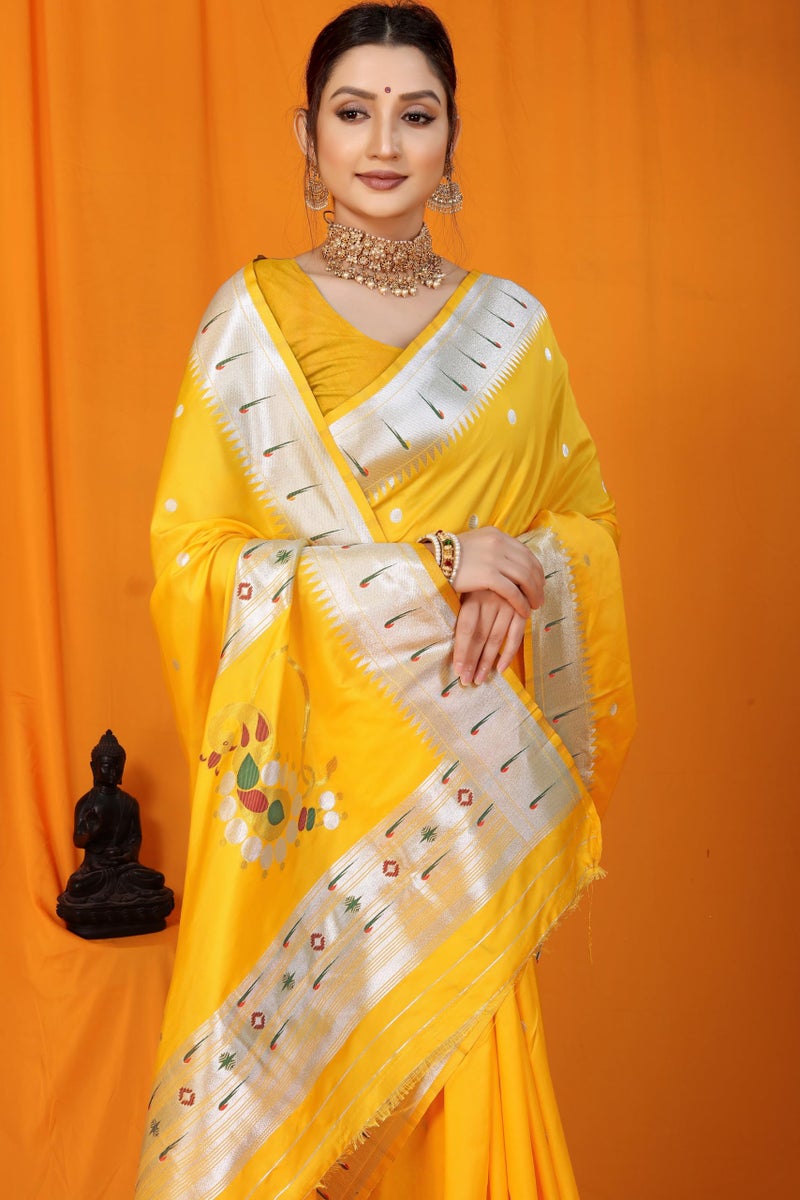 AMIRAT CLOTHING Women's Paithani Litchi Silk Saree With Unstiched Blouse Piece (Nath Paithani) (Yellow) - Image 3