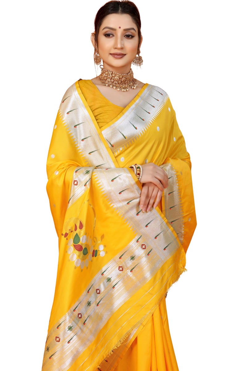 AMIRAT CLOTHING Women's Paithani Litchi Silk Saree With Unstiched Blouse Piece (Nath Paithani) (Yellow) - Image 1