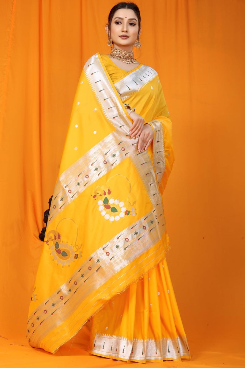 AMIRAT CLOTHING Women's Paithani Litchi Silk Saree With Unstiched Blouse Piece (Nath Paithani) (Yellow) - Image 4