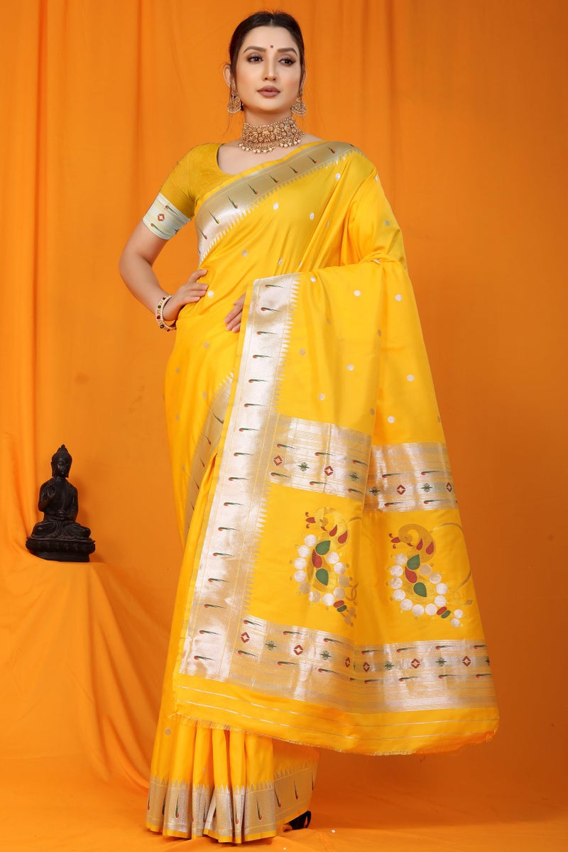 AMIRAT CLOTHING Women's Paithani Litchi Silk Saree With Unstiched Blouse Piece (Nath Paithani) (Yellow) - Image 2