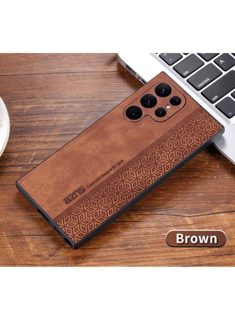 For Samsung Galaxy S23 Ultra Anti-scratch Phone Case Imprinted Leather Coated TPU Cover - Brown