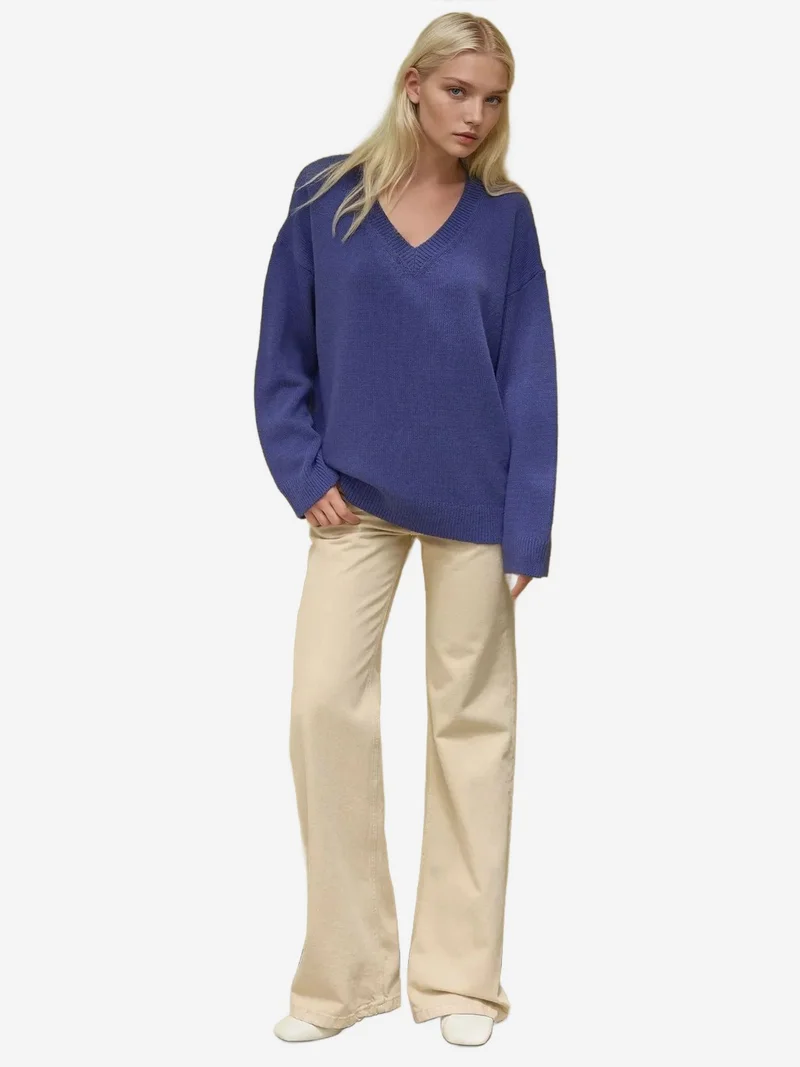 HICCUP Cornflower Blue Thick Knit V-neck Sweater for Women | Best Price UAE