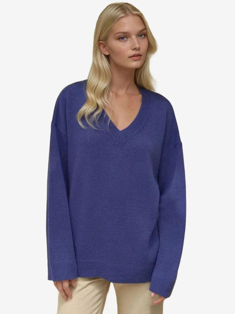 HICCUP Cornflower Blue Thick Knit V-neck Sweater for Women | Best Price UAE
