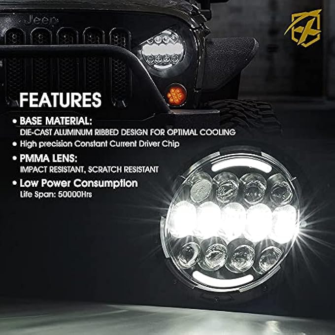 Xprite مصابيح أمامية LED بقوة 105 وات مع شعاع HiLo DRL وإشارة انعطاف باللون الكهرماني، مصابيح أمامية دائرية مقاس 7 بوصات متوافقة مع Jeep Wrangler Jk Tj Lj 1997-2018 معتمدة من وزارة النقل - Image 4