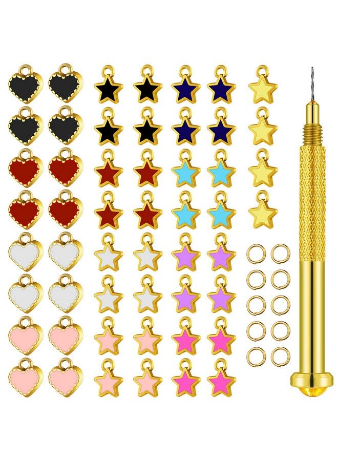 Honoson 113 Pieces Dangle Nail Piercing Charms Set Nail Art Piercing Tool Hand Drill And Colored Hearts Stars Rings Jewelry Rings For Tips Acrylic Gels Decorations Colored Hearts And Stars (Chic Color)  - Image 1