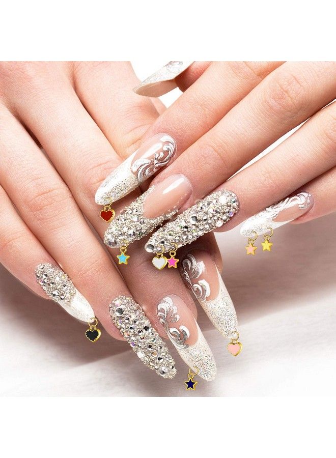 Honoson 113 Pieces Dangle Nail Piercing Charms Set Nail Art Piercing Tool Hand Drill And Colored Hearts Stars Rings Jewelry Rings For Tips Acrylic Gels Decorations Colored Hearts And Stars (Chic Color)  - Image 3
