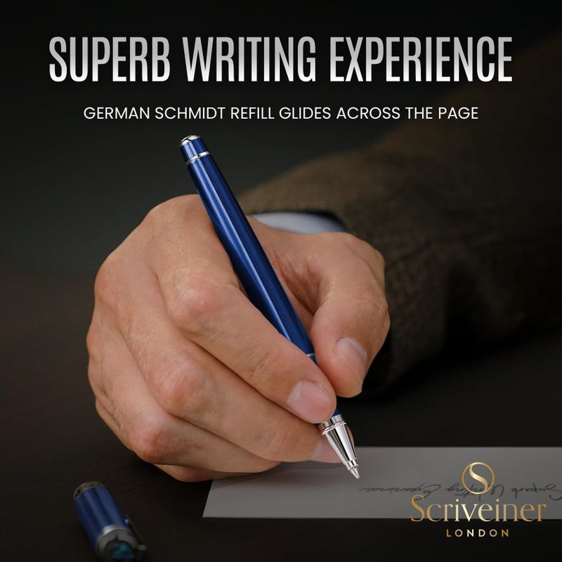 Scriveiner Midnight Blue Rollerball Pen - Stunning Blue Lacquer Luxury Pen, Chrome Finish, Schmidt Ink Refills, Men & Women, Professional, Executive Office, Nice Pen - Image 4