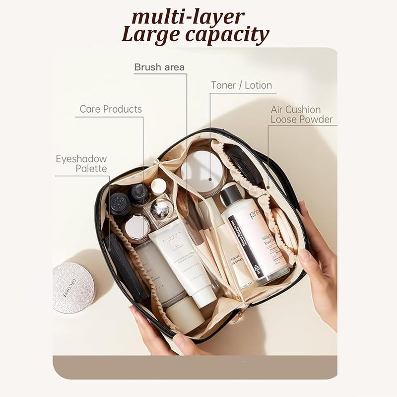 HOSICRON Travel Makeup Bag,Large Capacity Cosmetic Bags for Women,Waterproof Portable Pouch Open Flat Toiletry Bag Make up Organizer with Divider and Handle, Black, Simple - Image 2