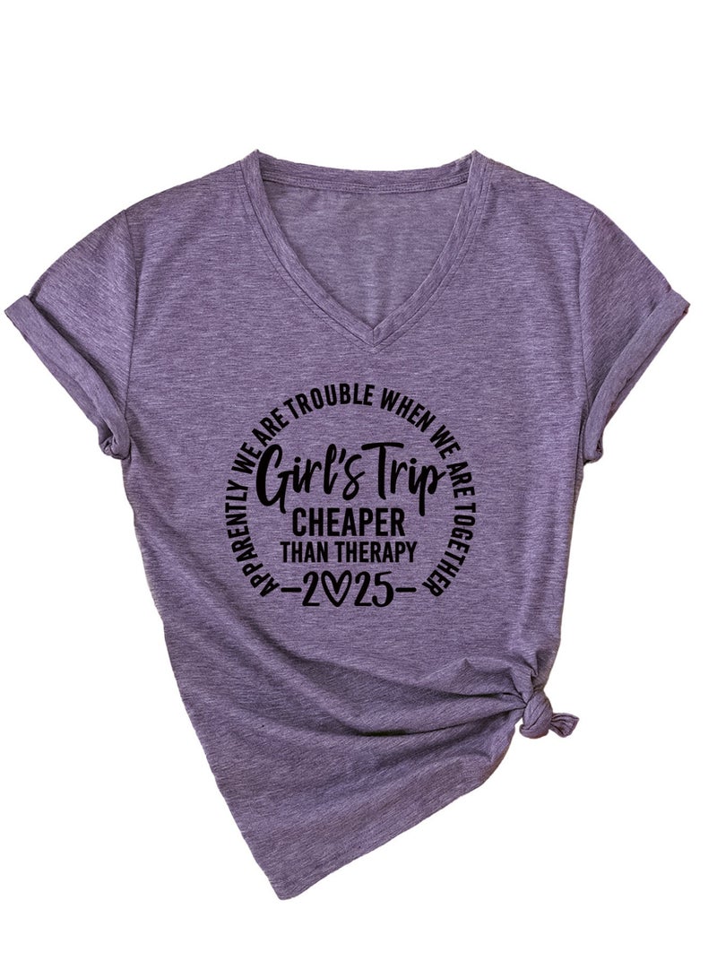 Women Funny Short Sleeve V Neck T Shirt Summer Vacation Tees - Image 1