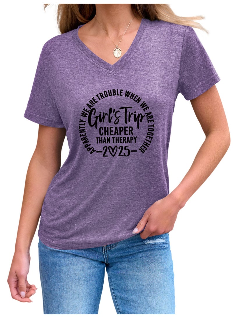 Women Funny Short Sleeve V Neck T Shirt Summer Vacation Tees - Image 2