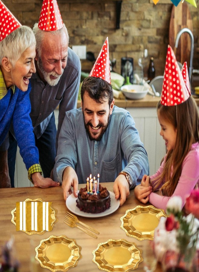 LDFDRT مجموعة أطباق ومناديل ذهبية من LDFDRT، ٢٠ طقمًا، أطباق ورقية ذهبية للاستخدام مرة واحدة مقاس ٧ بوصات مع شوك ذهبية، مستلزمات حفلات أعياد ميلاد على شكل زهور لحفلات الزفاف وحفلات توديع العزوبية وحفلات التخرج، زينة حفلات ذهبية - Image 4